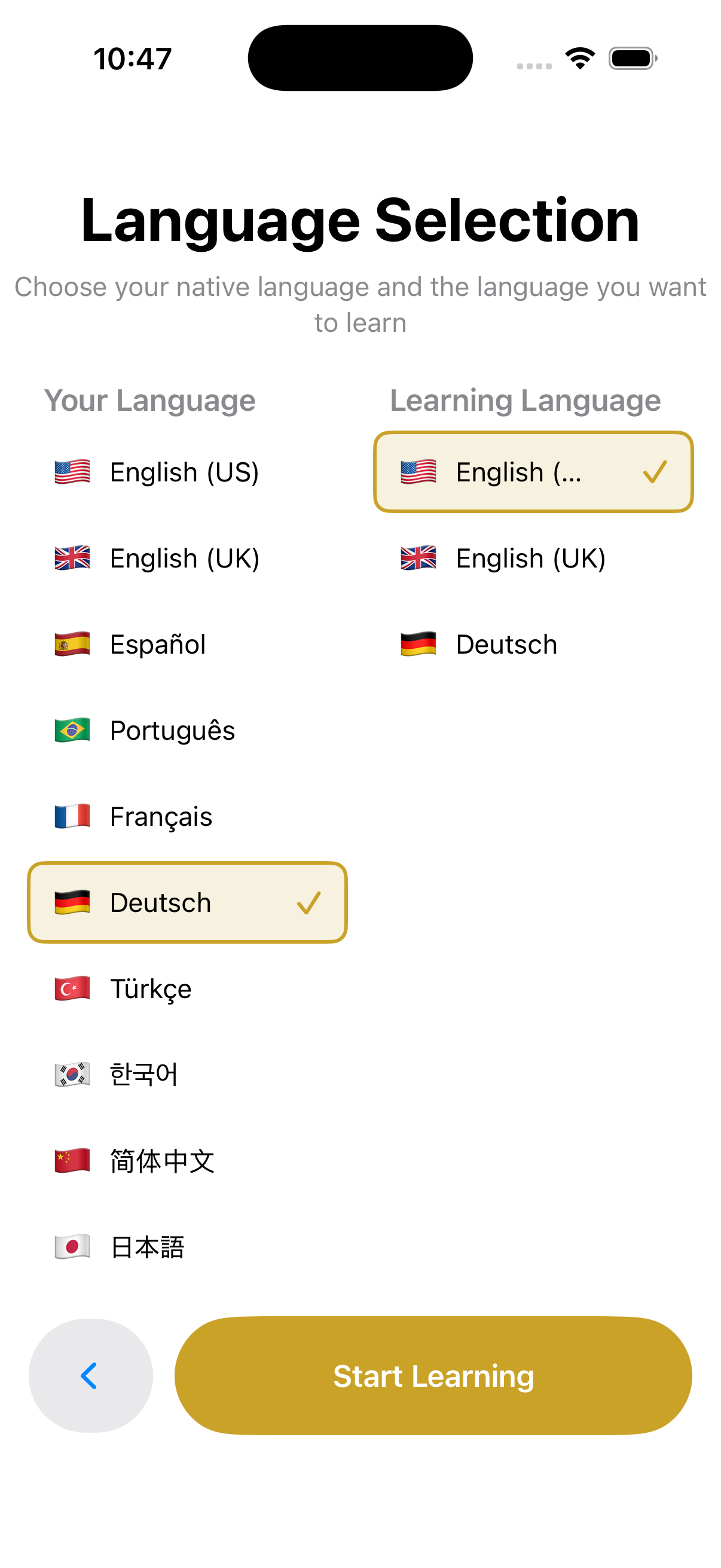 Lernsprache-Einstellung